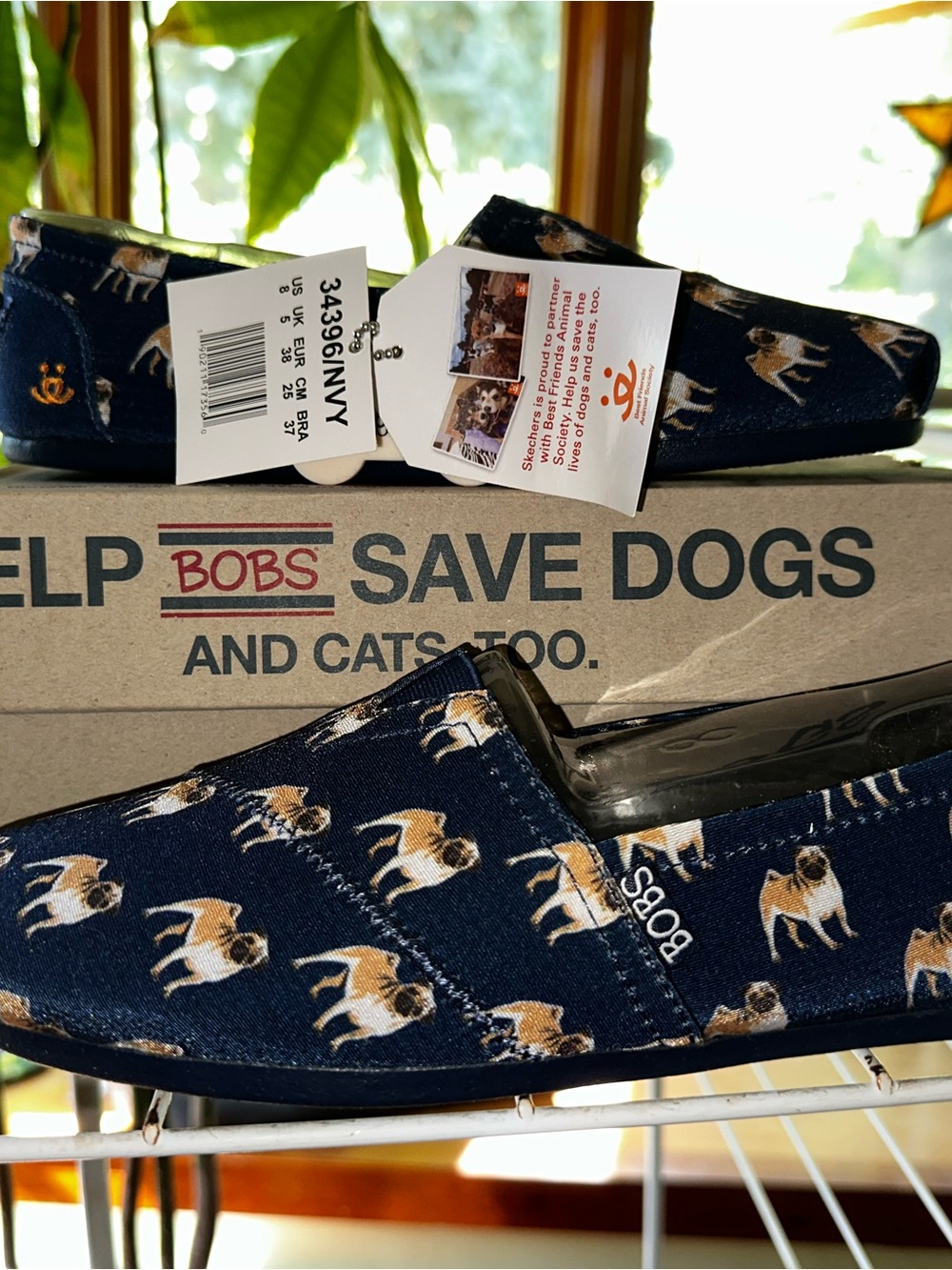 Skechers BOBS Navy Slip-On Shoes with Tan and White Pug Print